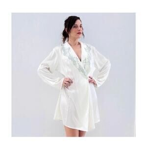 Vintage 90s/Y2K Victorias Secret Robe M/L White Silky Satin Blue Lace Bed Jacket